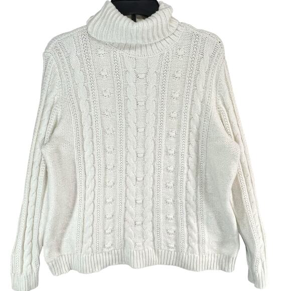 Lands' End Sweaters - Lands End Sweater Womens L Petite Cream Cable Knit Fisherman Turtleneck Cozy